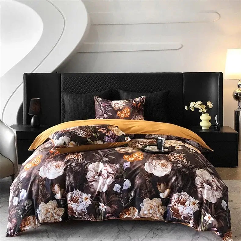 Elegant dark brown floral bedding set with velvety texture and gold accents in decorbites colorful egyptian cotton