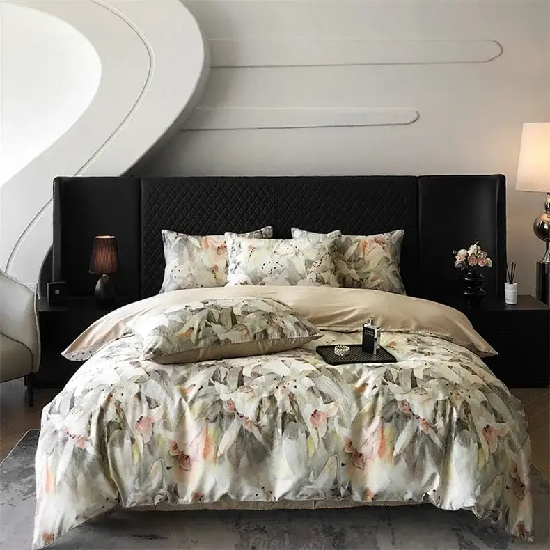 Elegant bird floral cream bedding set in colorful egyptian cotton featuring a luxurious satin duvet with beige, blush pink, and green tones