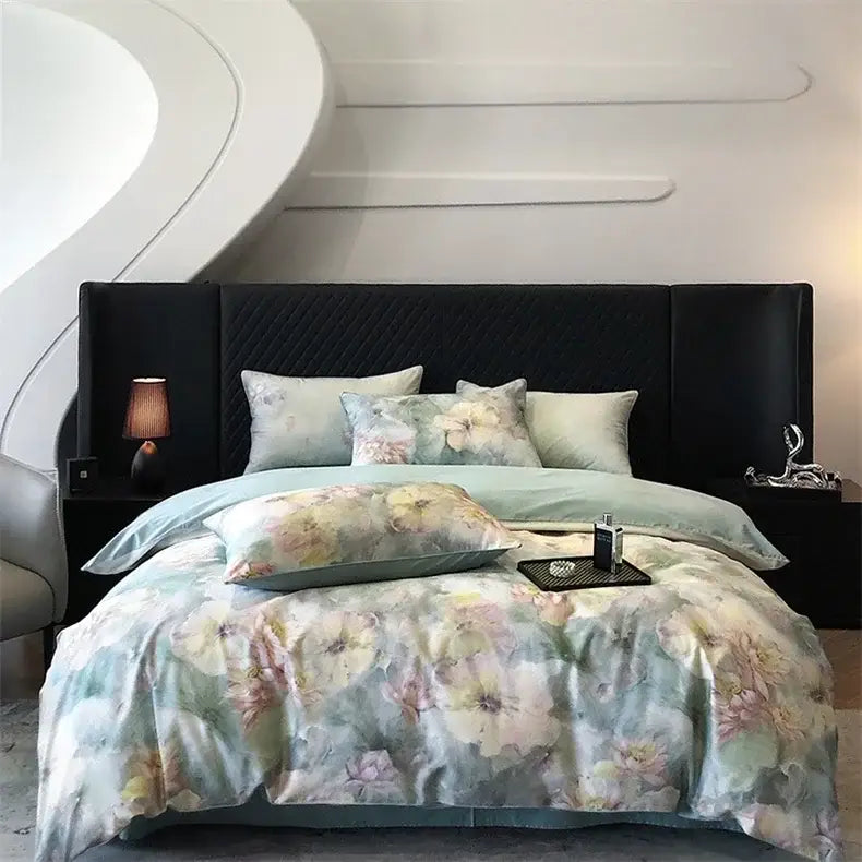 Elegant bird floral cream bedding set featuring a soft light blue colorful egyptian cotton duvet with pastel blossoms