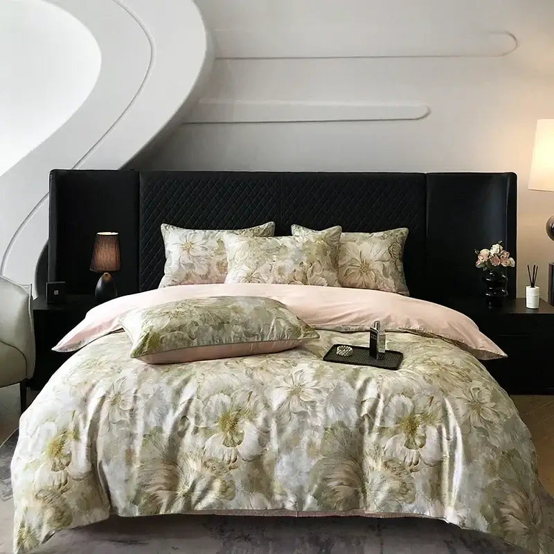 Elegant cream and sage green floral satin bedding set on black headboard featuring decorbites colorful egyptian cotton