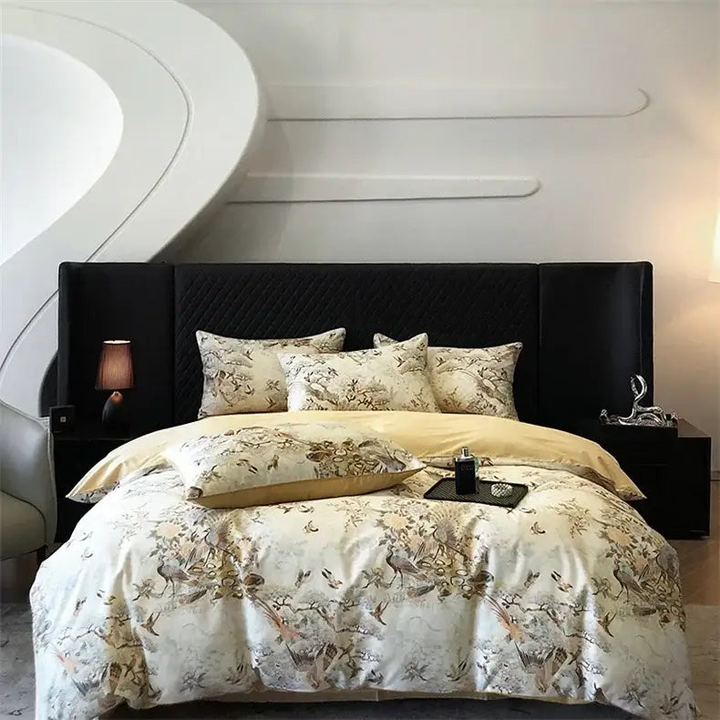 Elegant cream-colored satin bedding set with bird and floral pattern on black bed featuring decorbites colorful egyptian cotton