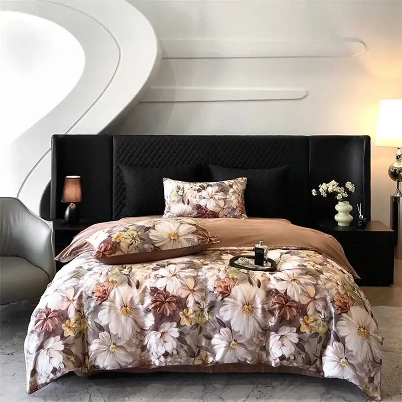 Elegant bird floral cream bedding set featuring soft pastel blossoms on satin-like colorful egyptian cotton fabric