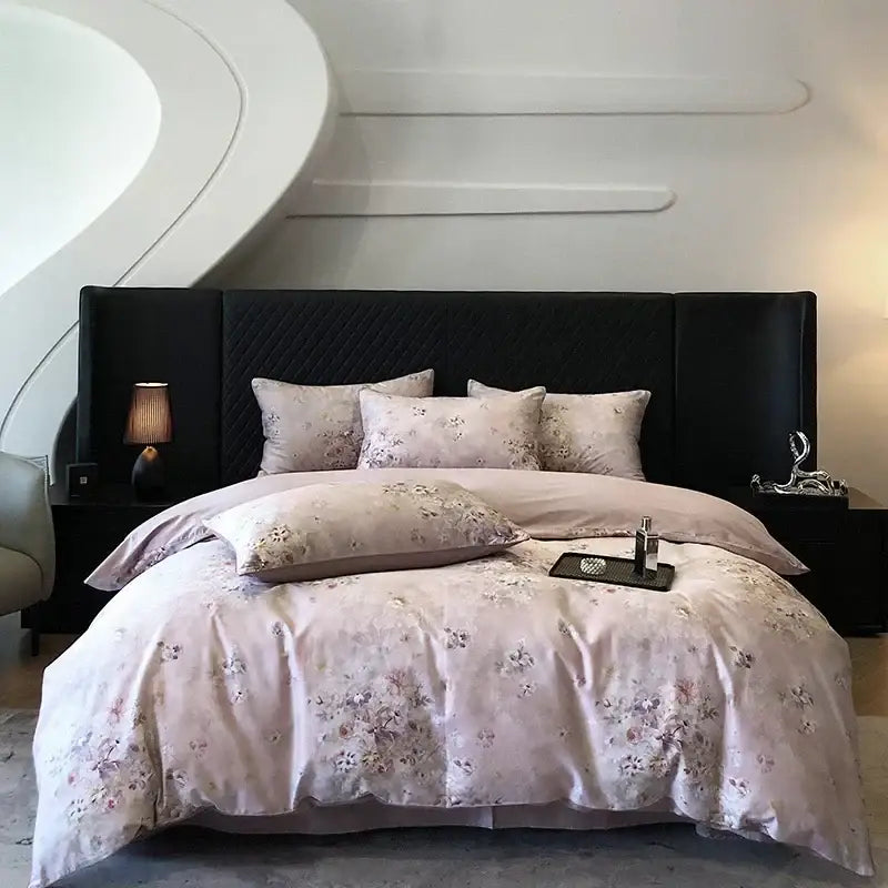 Elegant bird floral cream bedding set with soft lavender floral duvet featuring colorful egyptian cotton satin finish