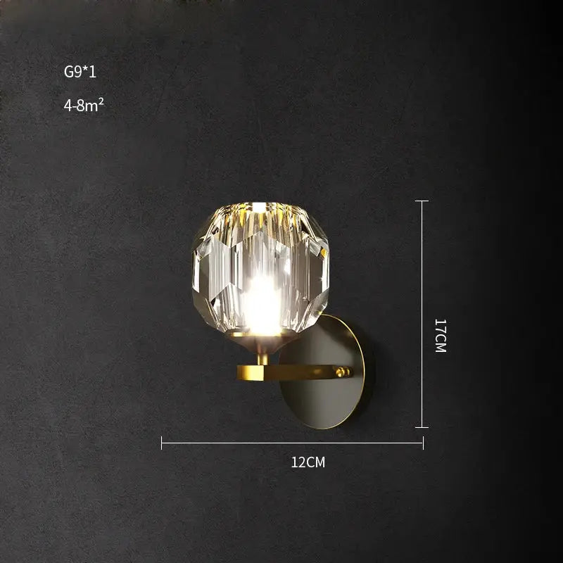 Elegant black and gold decorbites crystal stone wall sconce with faceted globe and metal base for bedroom wall lamp decor