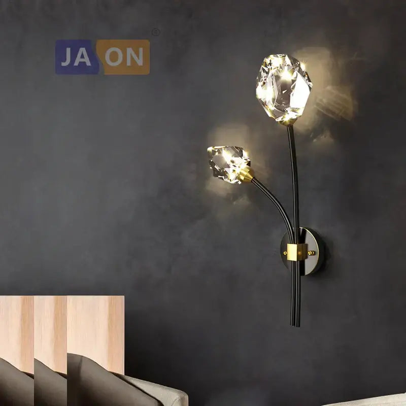 Elegant black and gold metal wall sconce with faceted crystal bulbs for bedroom lamp decorbites crystal stone design