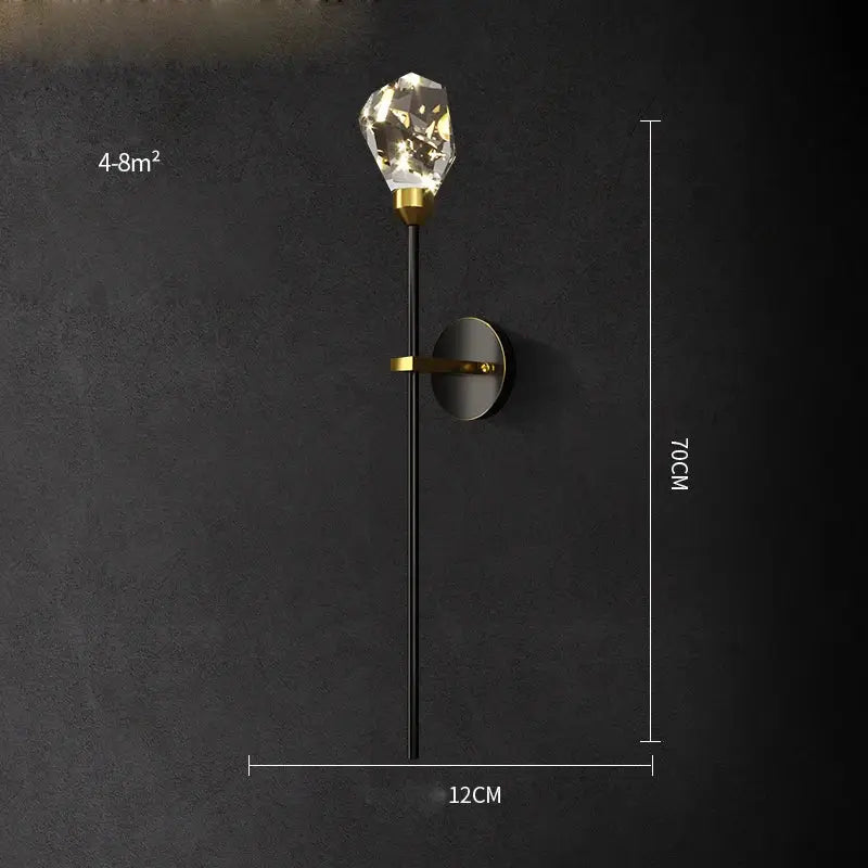 Elegant black and gold decorbites crystal stone wall sconce with faceted crystal bulb and sleek black stem for bedroom lamp