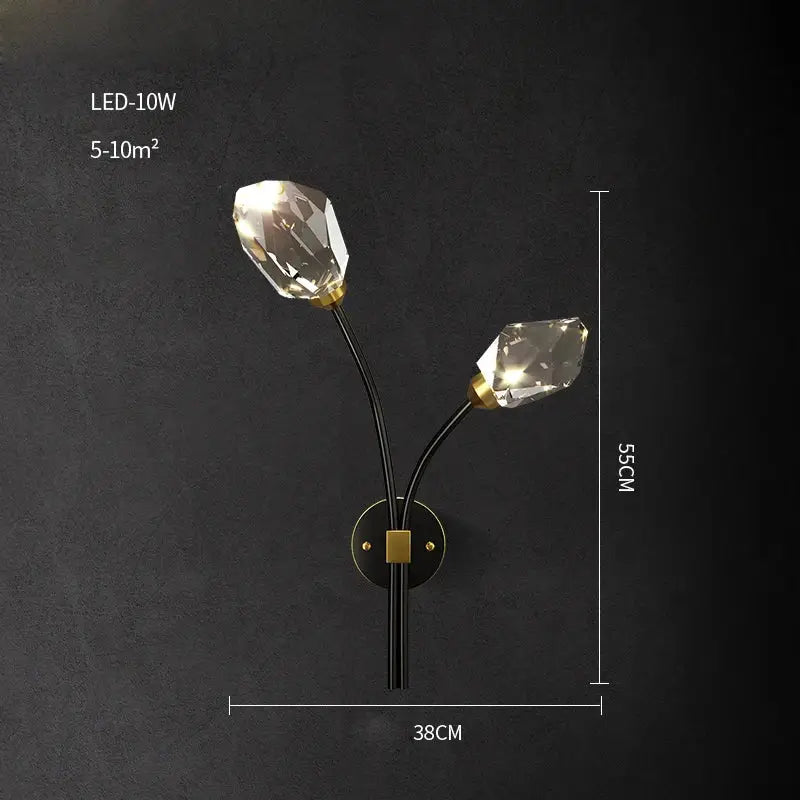 Elegant black and gold decorbites crystal stone wall sconce with two faceted bulbs for bedroom wall lamp decor