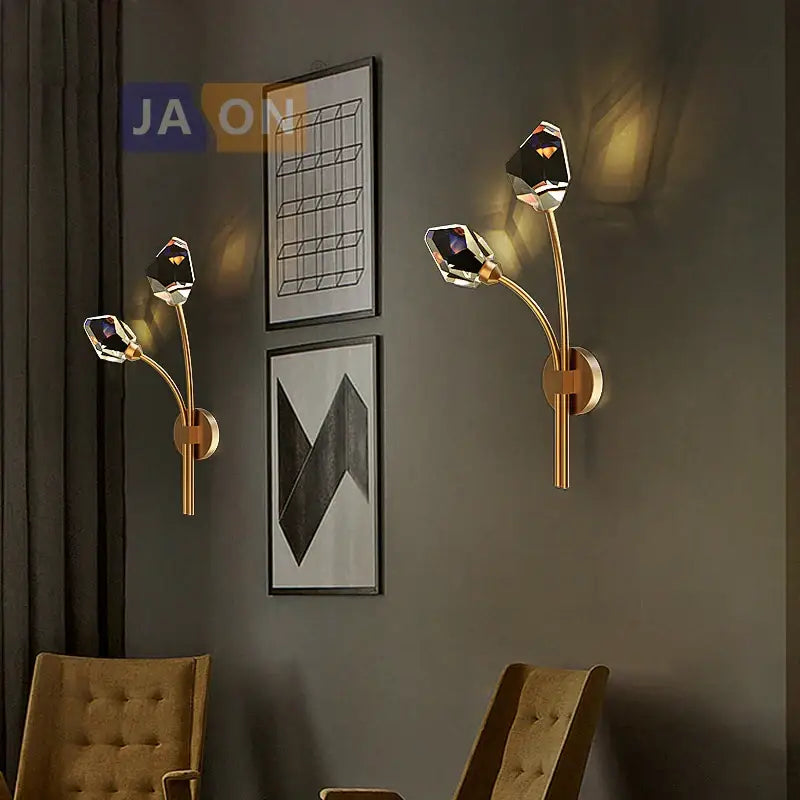 Elegant black and gold wall sconce with faceted decorbites crystal stone tops for bedroom wall lamp decor