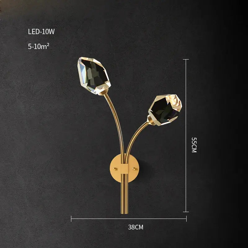Elegant black and gold decorbites crystal stone wall sconce with two faceted black flower-shaped accents for bedroom lighting