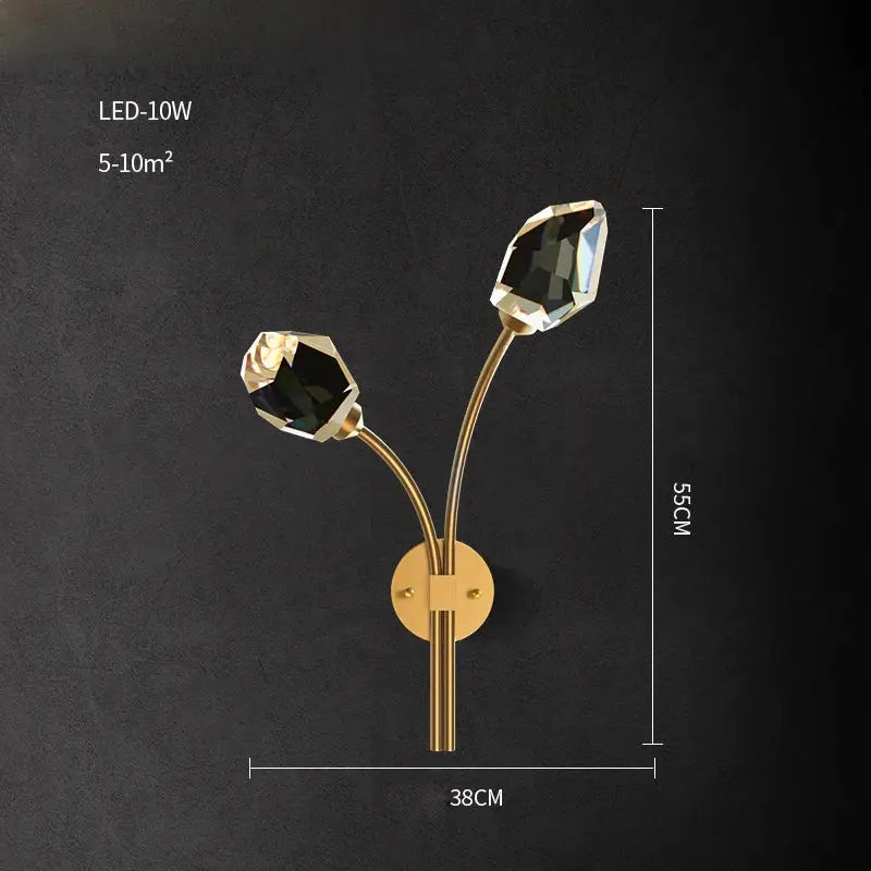 Elegant black and gold wall sconce with two faceted crystal stone bulbs by decorbites for bedroom wall lamp decor