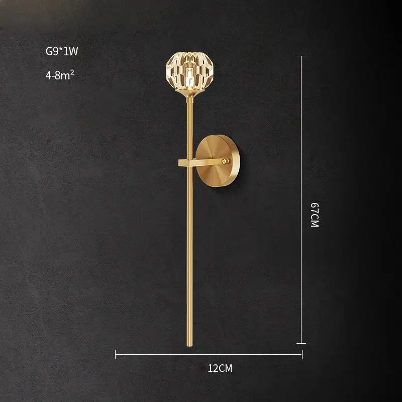 Elegant black and gold decorbites crystal stone wall sconce with faceted crystal globe and slender gold-toned rod wall lamp