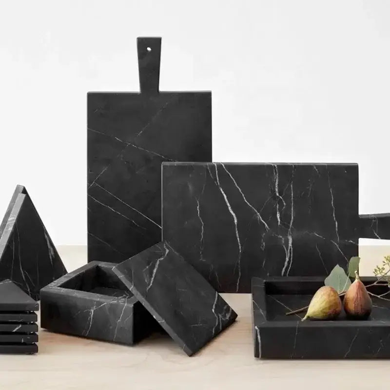 Elegant black and white afralia marble tray with sleek modern design and white veining for bedroom decor