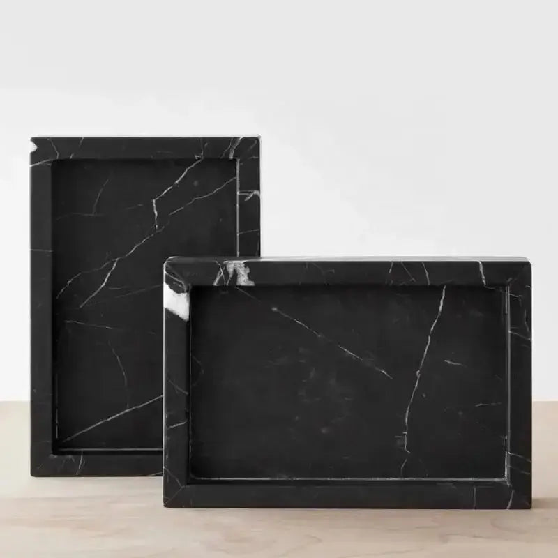 Elegant black and white afralia marble tray featuring black marble with white veining for bedroom decor