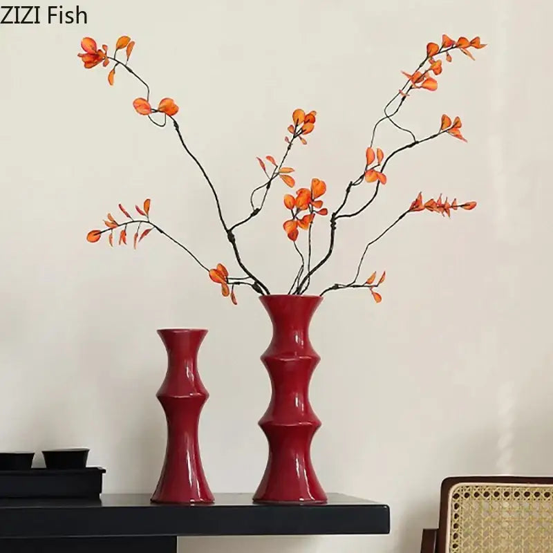 Vibrant red bamboo shape ceramic vases with segmented bamboo design for elegant living room table decorbites decor