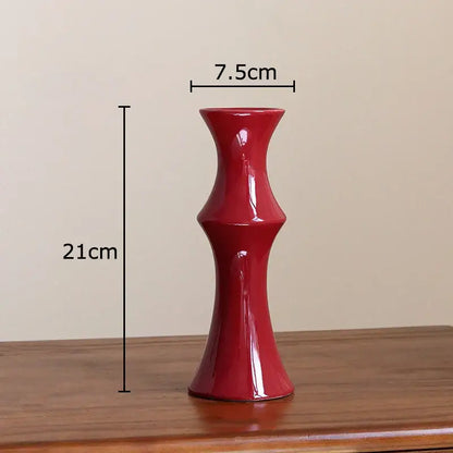 Glossy red bamboo shape ceramic vase with slender fluted design and tapered base for decorbites living room decor