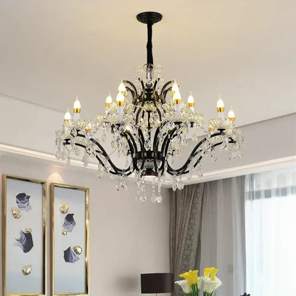 Elegant black crystal candle chandelier lighting with ornate wrought iron arms and clear crystal droplets for dining room decorbites crystal candle