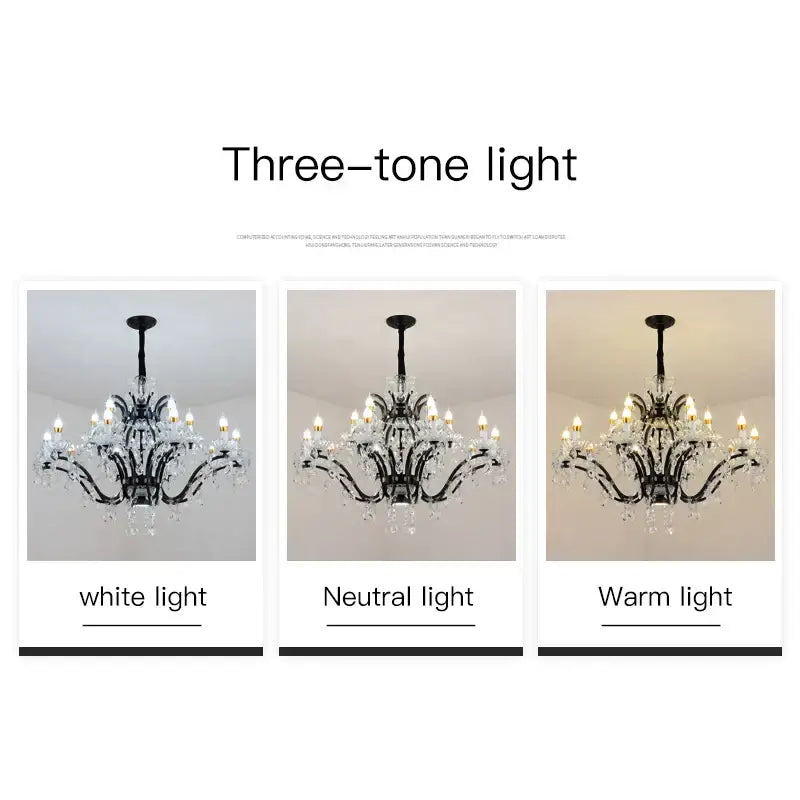 Elegant black wrought iron crystal candle chandelier lighting with clear droplets showcased under warm and neutral tones