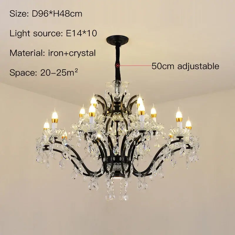 Elegant black iron decorbites crystal candle chandelier with ten e14 lights for dining room pendant lighting