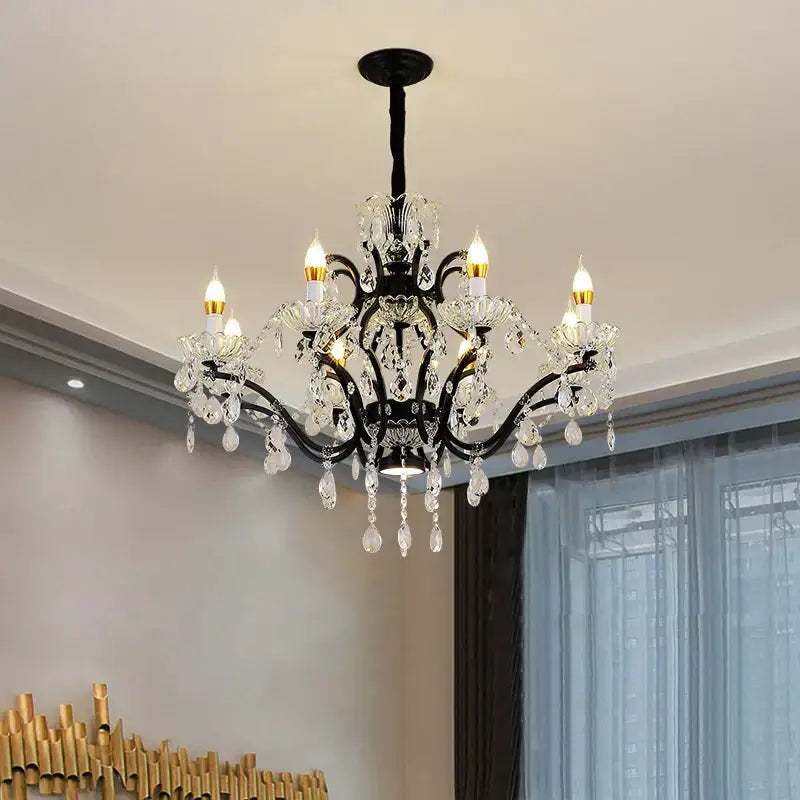 Elegant black wrought iron crystal candle chandelier lighting with clear droplets for dining room decorbites crystal candle
