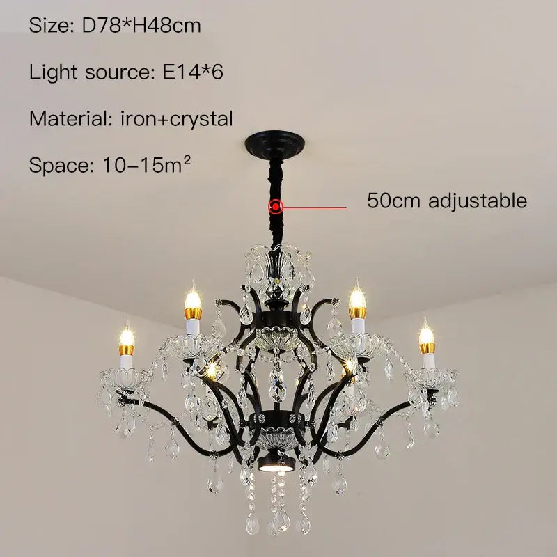Elegant black iron crystal candle chandelier lighting with six candle-style bulbs for dining room decorbites crystal candle