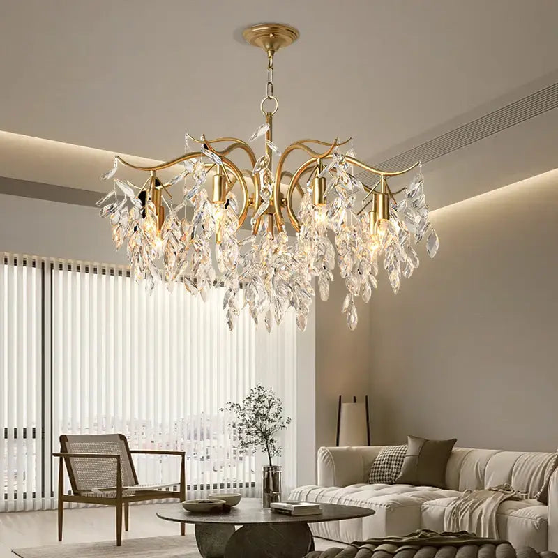 Elegant black crystal chandelier featuring a gold-toned frame with cascading crystal leaf accents for dining room use