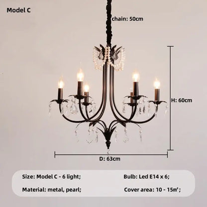 Elegant black crystal black metal chandelier with crystal droplets and pearl accents pendant light for living room