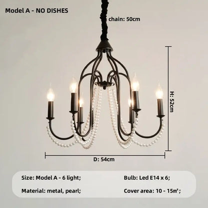 Elegant black crystal chandelier pendant light with dangling white pearl strands and six lit led bulbs for living room