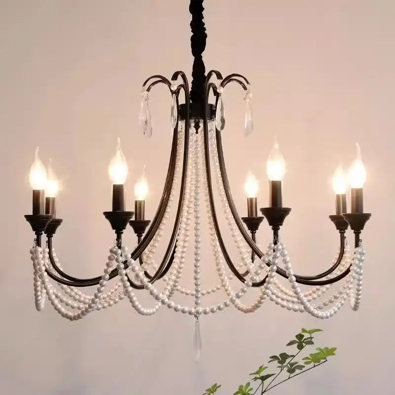 Elegant black crystal chandelier pendant light with white pearl strands and crystal droplets for living room decor