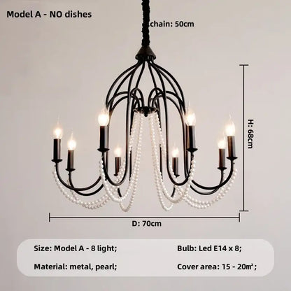 Elegant black crystal black metal chandelier pendant light with white pearl strands and eight led lights for living room