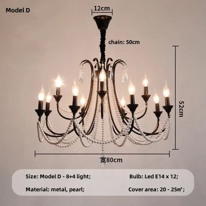 Elegant black crystal chandelier pendant light with white pearls and crystal droplets featuring 8 plus 4 LED lights for living room
