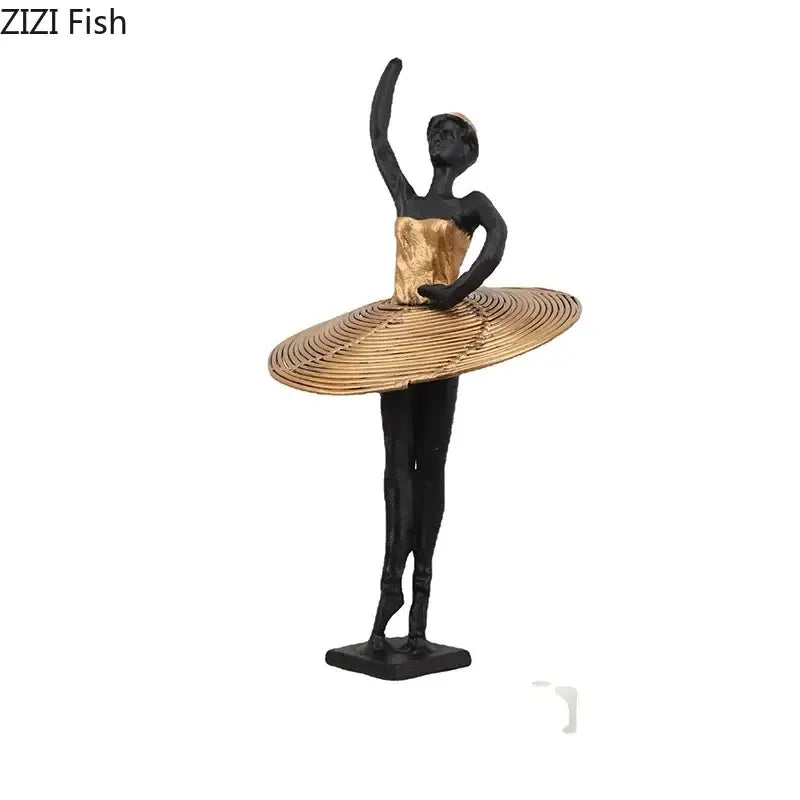 Elegant black and gold ballerina sculpture with textured circular skirt for bedroom marble decor golden ballerina sculpture