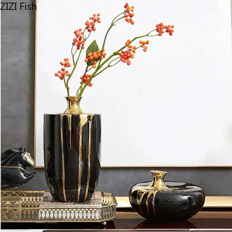 Elegant black gold ceramic vase with gold metallic accents and sleek modern design for luxury living room decor