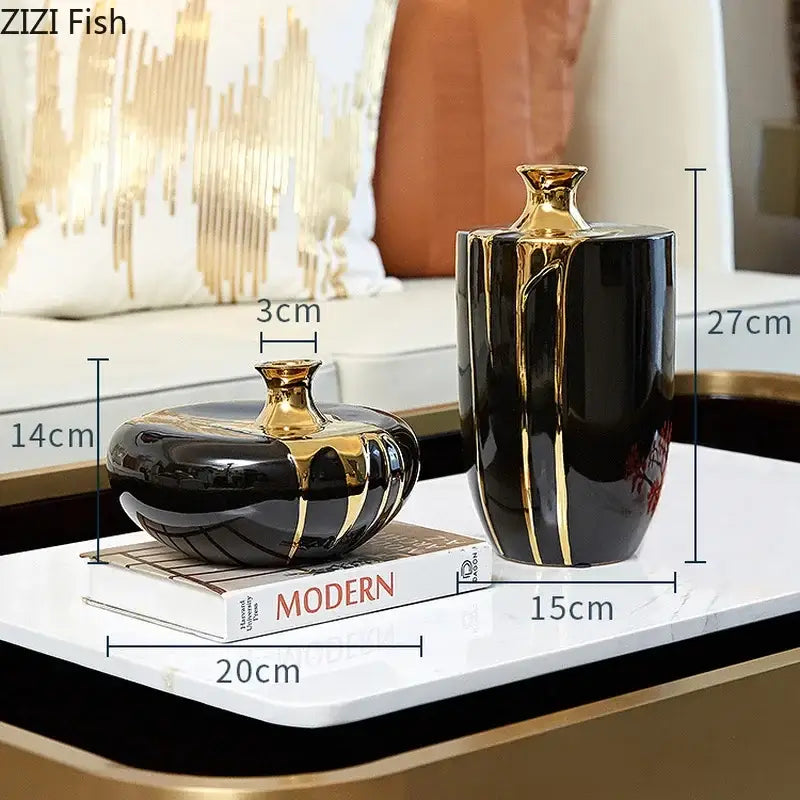 Elegant black gold ceramic vases with sleek modern designs and glossy finishes for living room luxury decor