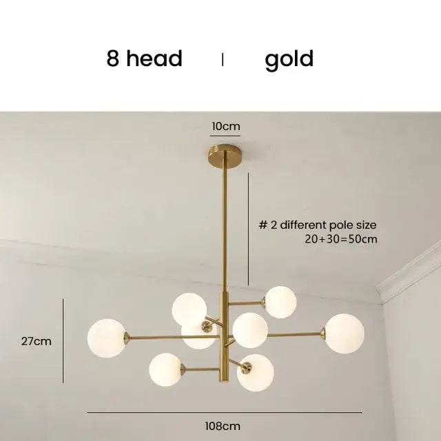 Elegant black gold glass chandelier with eight white spherical glass shades for living room lighting