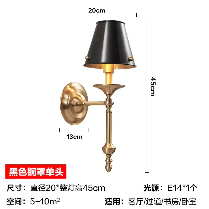 Elegant black gold wall lamp with copper finish, brass base, and textured conical shade for bedroom decorbites wall lamp
