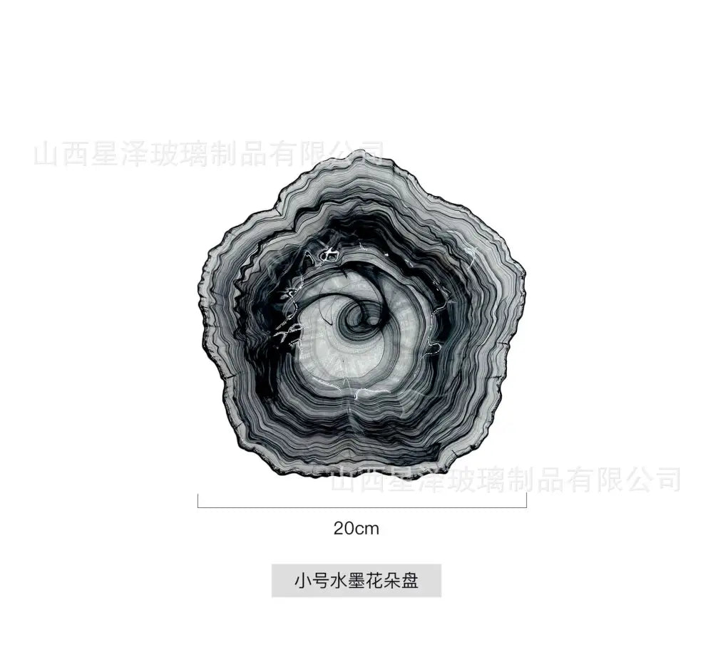 Elegant flower glass plate with black and white concentric spiral agate pattern for dining room decorbites elegant flower