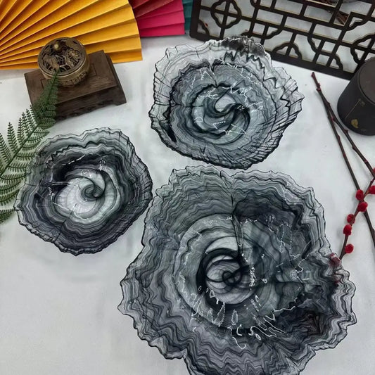 Three elegant black and gray agate glass plate bowls with swirling layered patterns for decorbites elegant flower decor