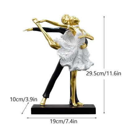 Elegant black and gold dance girl double statue featuring a ballet dance girl in a white lace dress for living room decor