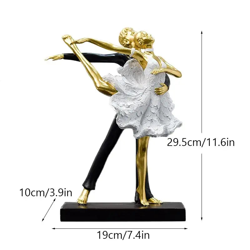 Elegant black and gold dance girl double statue featuring a ballet dance girl in a white lace dress for living room decor