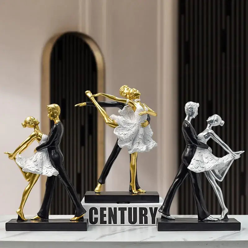 Three elegant black and white ballet dance girl double statues with lace and metallic accents for living room decor