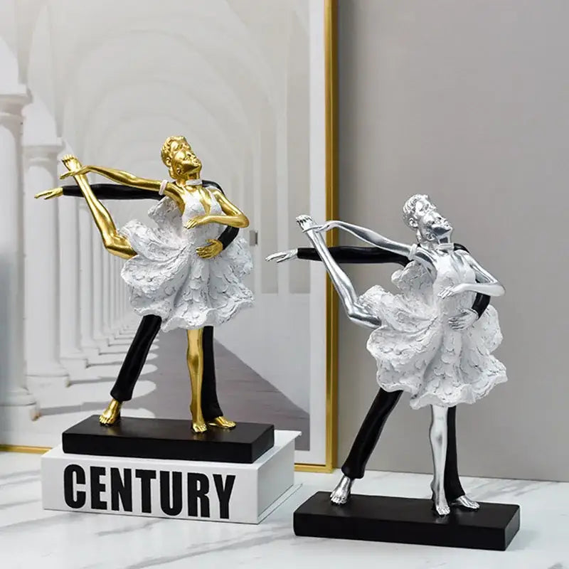 Elegant black and white ballet dance girl double statue featuring golden and silver figurines with lace dresses on black bases