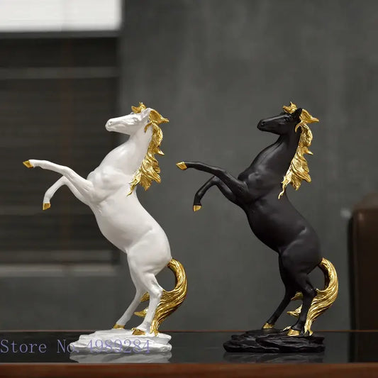Elegant white and black resin golden horse animal figurines with golden mane tail and hooves for living room decorbites decor
