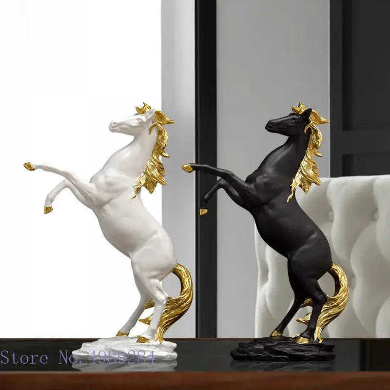 Elegant black and white golden horse animal figurines with golden manes tails and hooves for living room decorbites decor