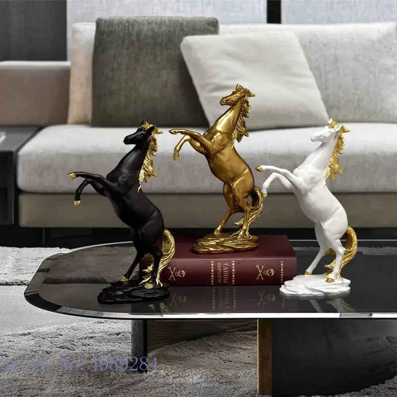 Three elegant black and white glossy horse figurines with gold-trimmed mane and tail decorbites golden horse decor