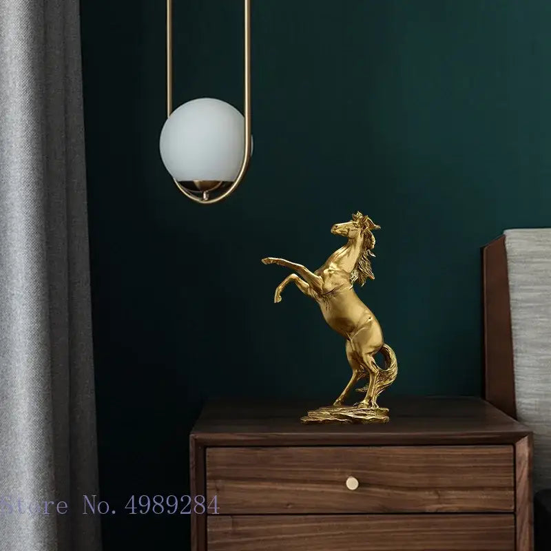Elegant black and white golden horse animal sculpture with detailed metallic mane on wooden base for living room decorbites golden horse