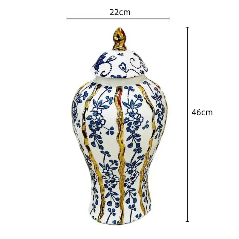 Elegant blue glazed ceramic ginger jar with intricate blue floral patterns and gold accents for living room decorbites blue glazed decor