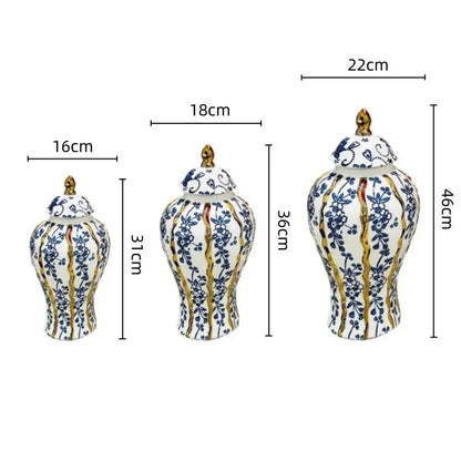 Three blue glazed ceramic ginger jars with floral and gold leaf patterns for elegant living room decorbites decor