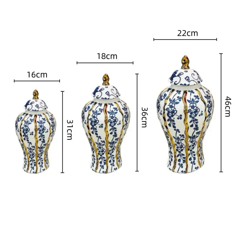 Three blue glazed ceramic ginger jars with floral and gold leaf patterns for elegant living room decorbites decor