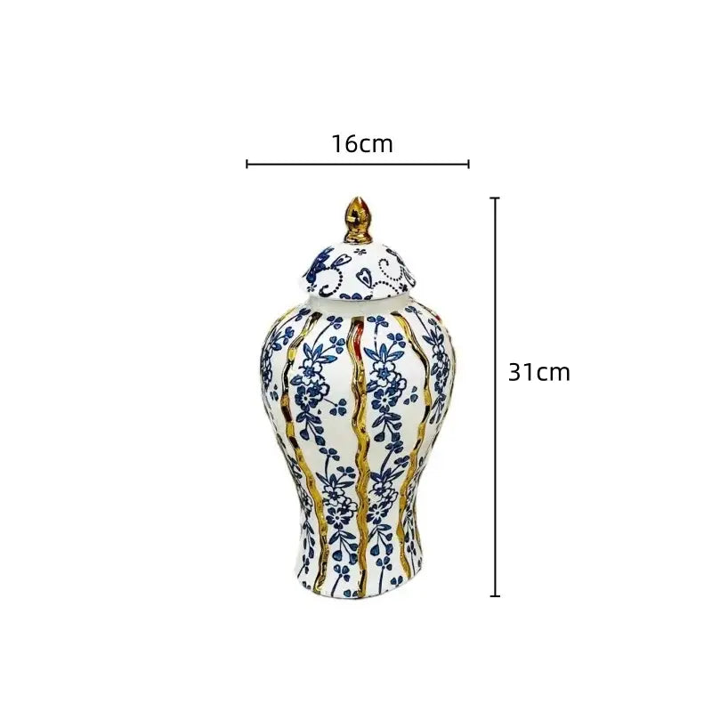 Elegant blue glazed ceramic ginger jar with white and blue floral patterns and gold stripes for living room decorbites decor