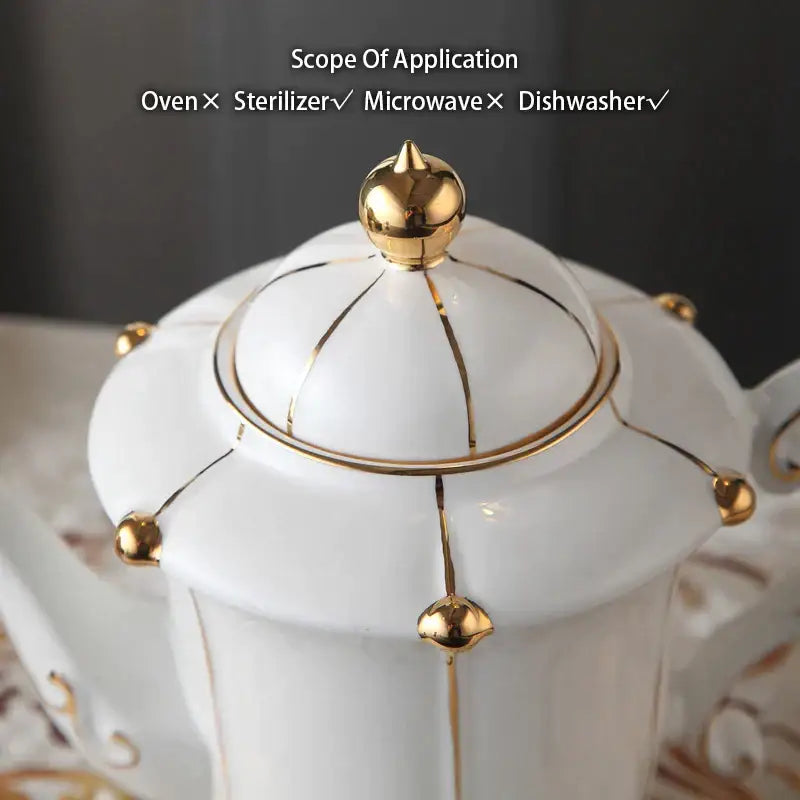 White porcelain bone china teapot with gold trim and decorative golden accents from decorbites elegant bone china set